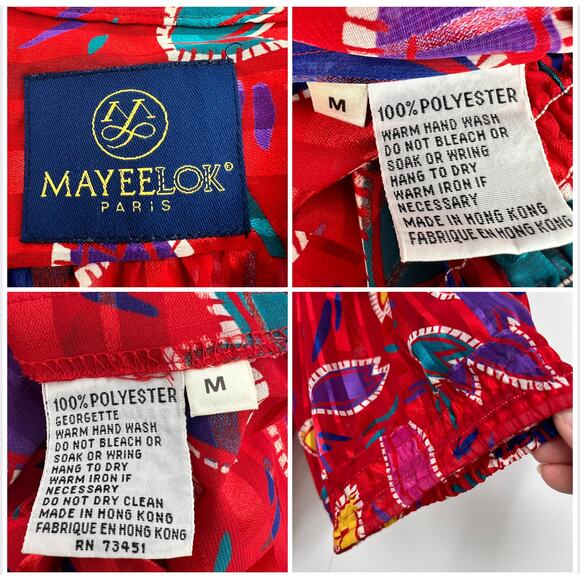 Vintage Mayeelok Paris Skirt Blouse Set Womens M Red Colorful Pleated Midi Satin - Picture 8 of 11